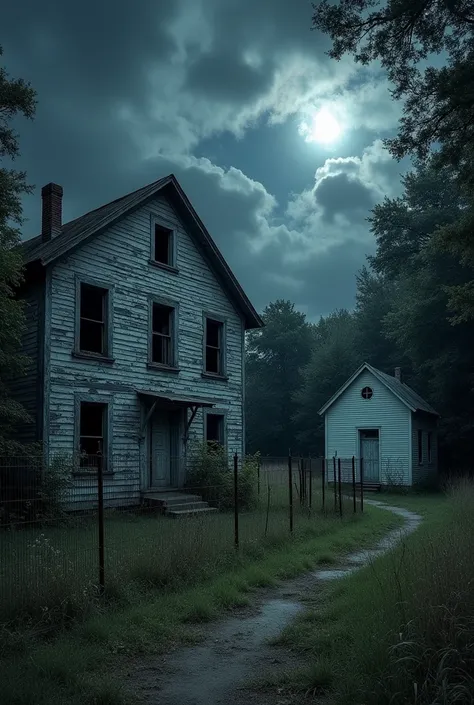 moon partially obscured by dark, swirling clouds. On the left, depict a dilapidated two-story building with a gray, peeling facade, broken windows, and a damaged roof. The house is surrounded by an overgrown yard with tangled vegetation and a tall, rusted ...