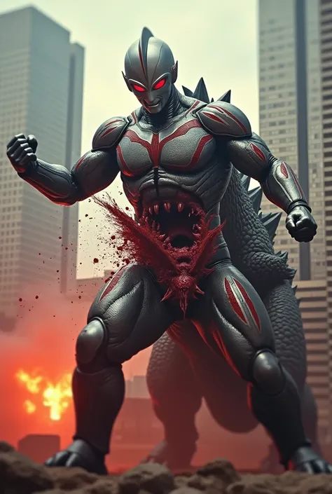 Ultraman fight Godzilla ,two hand ripping Godzilla mouth splitting two. Ultraman  kill Godzilla. Epic punch. Epic fight. Blood splash effect. Tilt shift photography