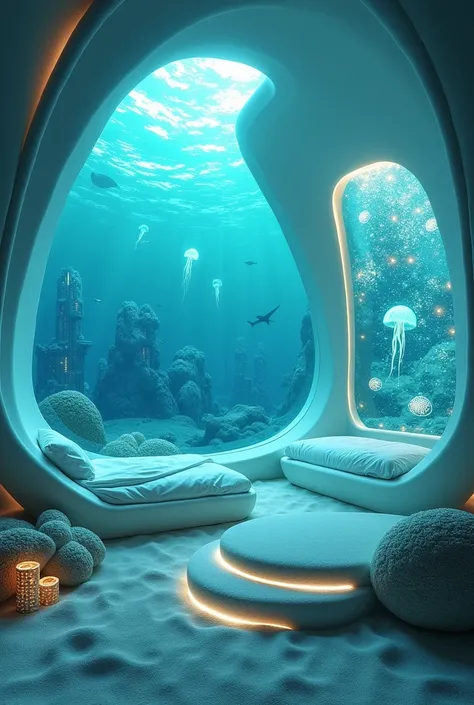 "Design an underwater-themed futuristic bedroom with a similar pod-style bed structure. The beds are integrated into the walls, surrounded by soft, bluish-green lighting that mimics the oceans depths. Add a large, curved window revealing a view of an under...