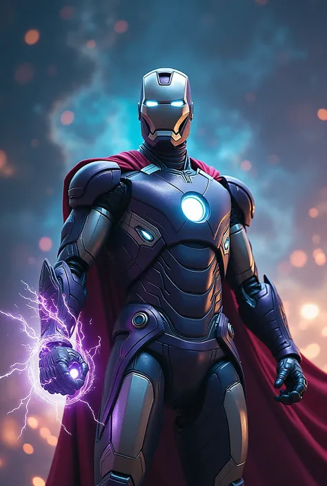 Combined super hero, with iron man, thor,dr strange,
Helmet on , armor only, space background, lightning in right hand, time stone in left hand, no cape collar
Helmet design like mark 50 iron man armor