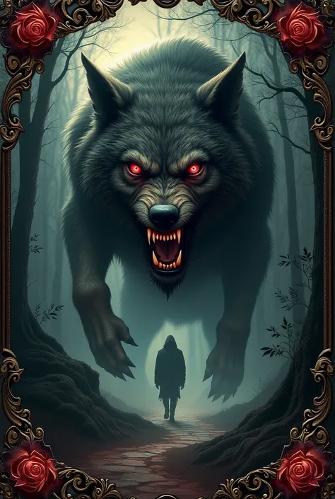 A striking image of a fierce, menacing werewolf with a blood-streaked face, surrounded by ornate, Gothic-inspired floral and scrollwork patterns. The werewolfs piercing eyes and sharp teeth are highlighted by dramatic lighting, casting deep shadows and cre...