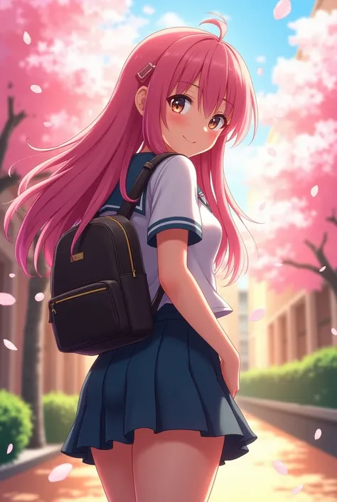 Anime girl with a big butt, pink hair, sexy, with school uniform and backpack, with a small skirt, showing both big buttocks, looking at the viewer, view from behind