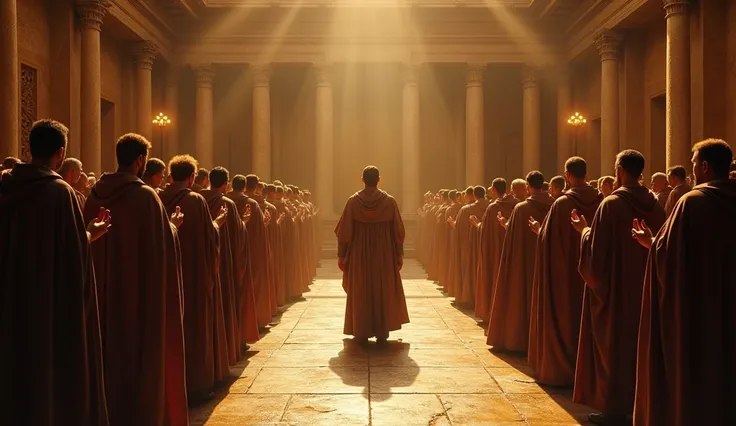 An illustration of Pilate in his court, with an expression of determination, while arguing with the high priests. Warm colors and soft lighting highlight the tension.