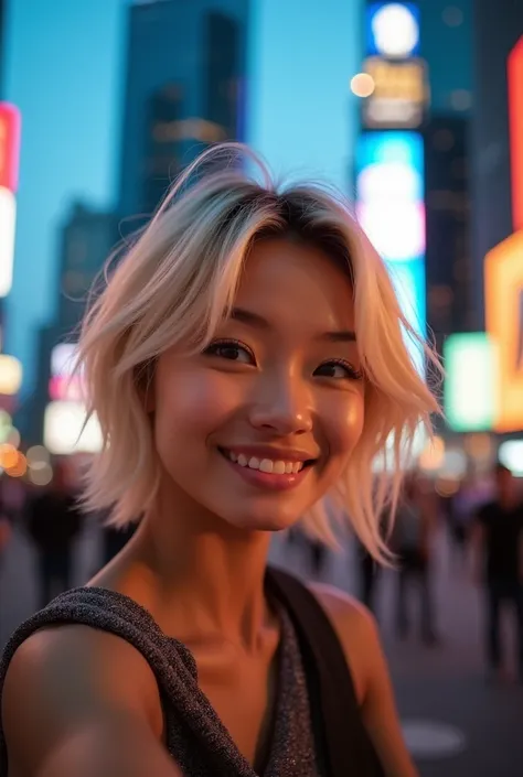 Blonde short hair Asian beauty in the city, natural pose, selfie style