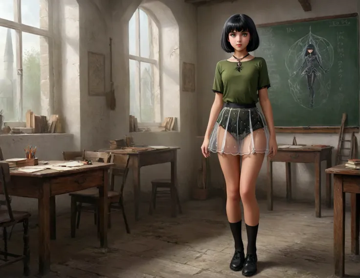 best quality, masterpiece, witch girl , young girl, 11 years old, thick legs , 1girl, bangs, short black hair, dominant face, pe...