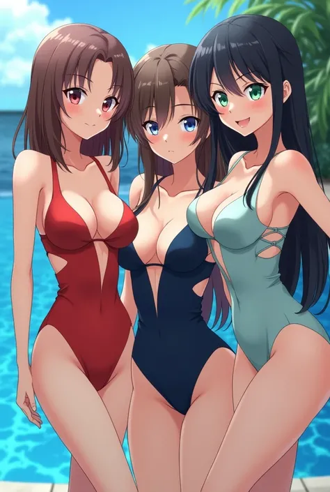 Three anime women next to their private pool, wearing a sexy one-piece swimsuit, with a close-up of the perfect lines of her breasts, the luxury of the surrounding environment enhancing its charm.