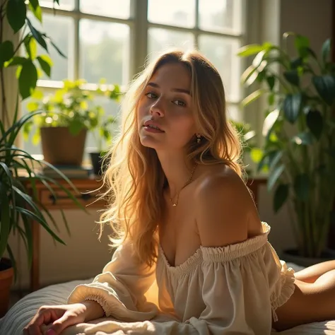 The image captures a young woman with flowing blonde hair, exuding a serene and warm presence as she lounges in a sunlit room filled with lush greenery. She is dressed in a soft, off-shoulder cream top that gently falls to reveal a hint of her décolletage,...