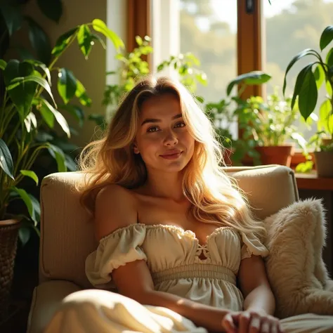 The image captures a young woman with flowing blonde hair, exuding a serene and warm presence as she lounges in a sunlit room filled with lush greenery. She is dressed in a soft, off-shoulder cream top that gently falls to reveal a hint of her décolletage,...