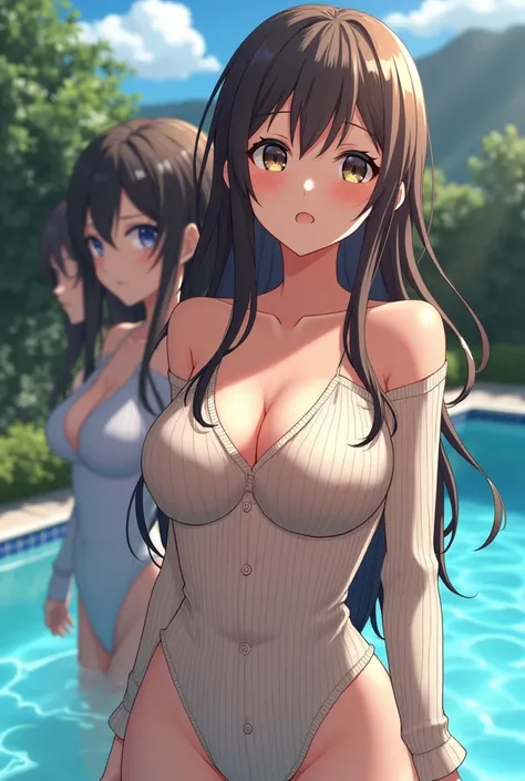 Three anime women next to their private pool, wearing a sexy one-piece sweater, with a close-up of the perfect lines of her breasts, the luxury of the surrounding environment enhancing its charm. They are wet 