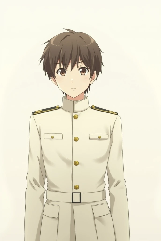 1 men, 15year old, offwhite. (standing alone, military dress uniform, shorth hair, eyes browns, expression would be, Defined physique). (Fundo offwhite, He is looking at the screen with a serious expression.) ((Anime character, memorable, mellow)))