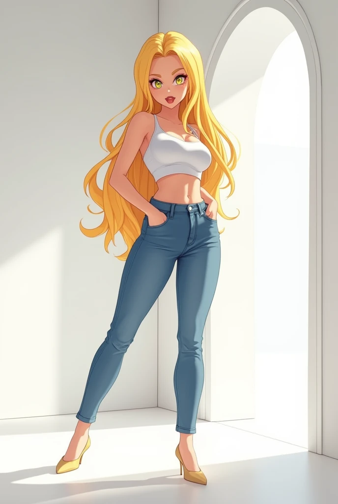 creates a blonde haired white woman in jeans with a big butt and showing her breasts in doggy pose in a white room, create it with an anime style