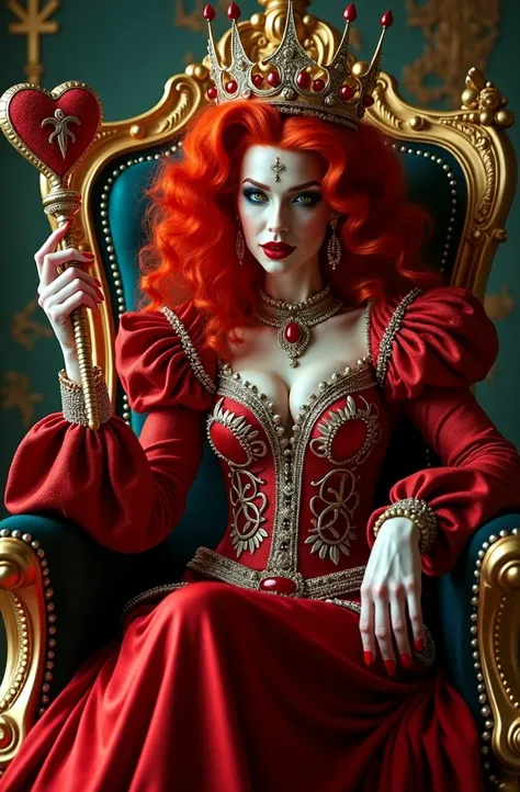 （Red curly hair），Queen，Queen Clothing，Holding a love staff，Red lipstick，(the red queen，Disney Villains)，Big Head，Pale skin，Villains，Sitting on the throne，accessories，poker，Blue Eyeshadow