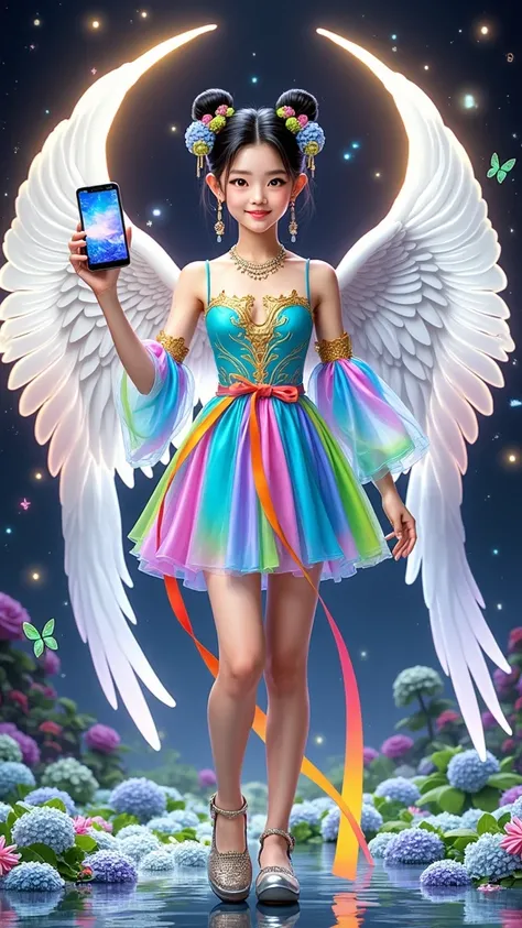 [Vision:1.0]，[Wide Angle:1.0]，Three-dimensional ancient style，Vibrant Chinese Aesthetics，Classical Girl with Angel Wings，Holding a cell phone in his hand，(whole body:1.4)，Vibrant colors，Sparkling clothing，Embraces Flashing Stone Texture，semi-transparent cr...