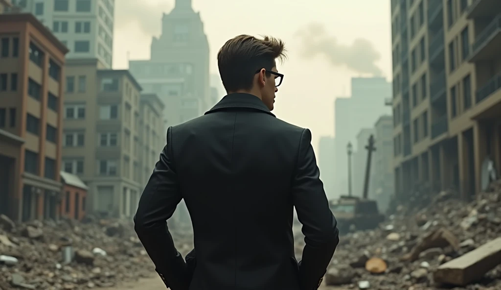 Handsome boy back side view with glasses, destroy city, 5 feet 7 inches height, businessman, stylist car jacket, body fits, medium long stylist normal hair, cinematic, back side view, back side, realities, no face only back side, stylist fitting jacket, de...