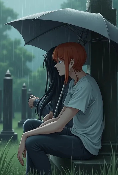 A guy with long black hair, gray eyes, Beautiful face, beautiful body, black T-shirt, black trousers, sitting leaning against the tombstone, It&#39;s raining, sad, a guy with orange hair and blue eyes next to him, Beautiful face, beautiful body, White T-sh...