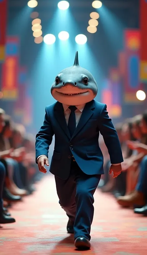 Cute baby shark with funny giant head wearing muscular business suit in realistic full body fashion show