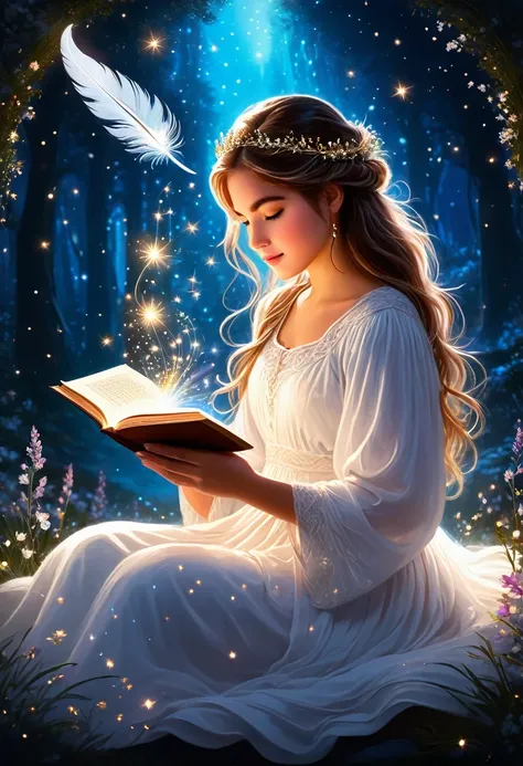 A serene and enchanting scene featuring a young girl sitting on a cushion in a snowy landscape, reading a magical book. The girl has long, flowing hair adorned with delicate flowers and is dressed in a simple, elegant white dress. As she reads, a stream of...