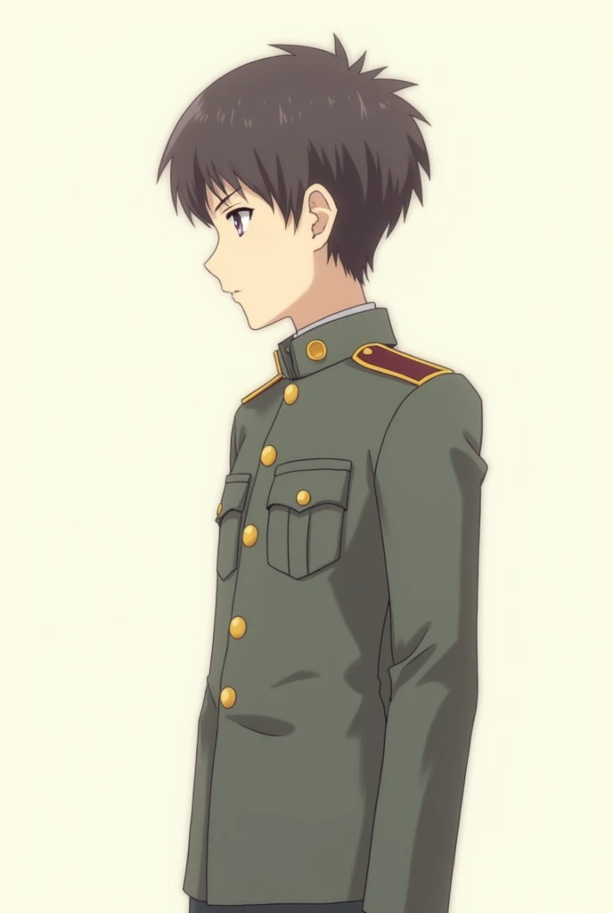 1 men, 15year old, offwhite. (standing alone, military dress uniform, shorth hair, eyes browns, expression would be, Defined physique). (Fundo offwhite, He is looking at the screen with a serious expression.) ((Anime character)).