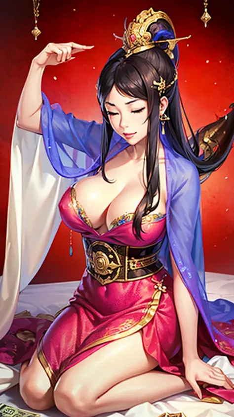 an oriental girl,Sharp features,Eyes closed, radiating a glow,A slight upward curve to the lips,Dragon Horn,Big breasts,long hair shawl,thin waist,Dressed in Tang Dynasty attire,A cave overflowing with treasures,Counting money while sitting