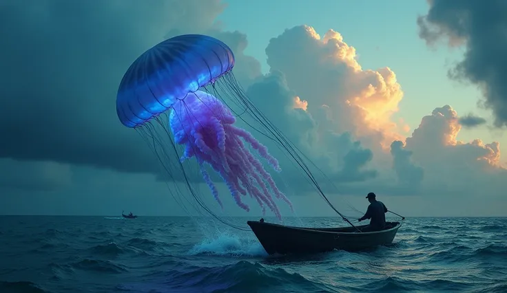 a giant cannonball jellyfish in the ocean, giant jellyfish, fishing boat, fisherman fishing for jellyfish, detailed realistic jellyfish, realistic ocean waves, cloudy sky, golden hour lighting, beautiful ocean scenery, dramatic lighting, cinematic color gr...