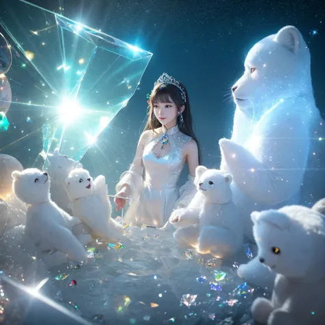 Five crystal white bears shimmer mysteriously within a transparent crystal.　Overlooking, Lens flare, 