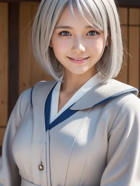 (A beautiful girl in a bright nordic setting, face lighting, realistic, cute, sexy, slim, extremely detailed eyes, droopy eyes, clear eyes, extremely detailed face:1.25), (ultra short fluffy hair,silver hair:1.5),(close-up of face,smiling:1.25), (japanese ...