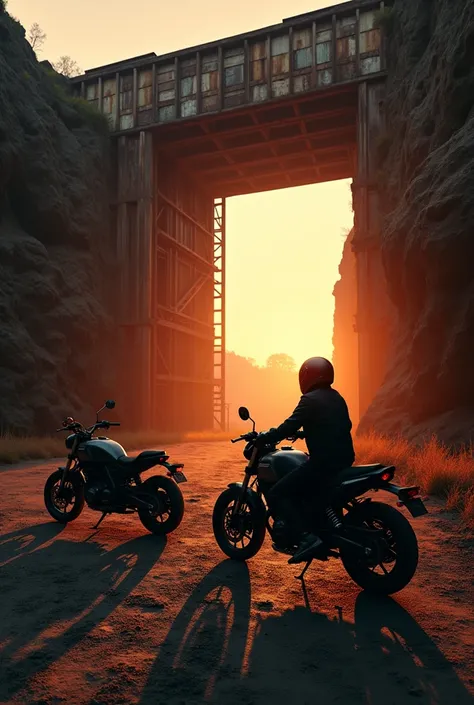 A logo with an old abandoned mine in the background and some motorcycles in silhouettes 
