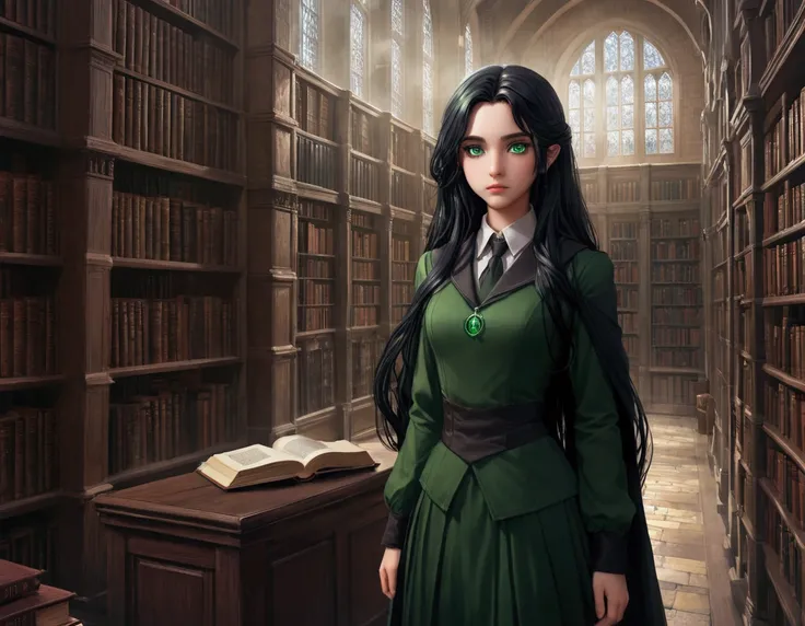 daughter of severus snape, 11 year old girl, green eyes, long black  hair, in a library with books and a book case, dark academia, dark academia aesthetics, light novel cover art, from cryptid academia, dark academia aesthetic, anime visual of a cute girl,...