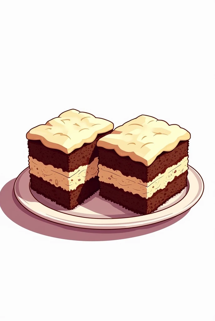 Cartoon illustration，close up，Two square layered cakes in a dish，White and brown interlaced，Background white