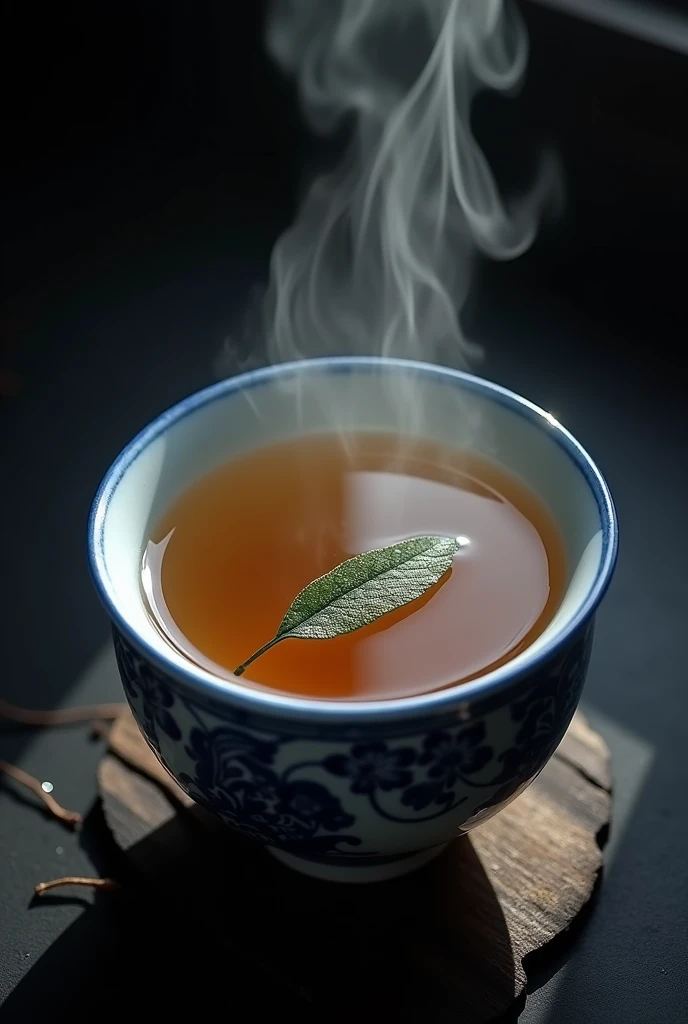 The camera looks down from directly above at a Chinese high mountain tea with one wick and two leaves brewing in a Chinese blue and white porcelain teacup.，((Right beneath the surface, You can see a single bud and two leaves of Chinese high mountain dry te...