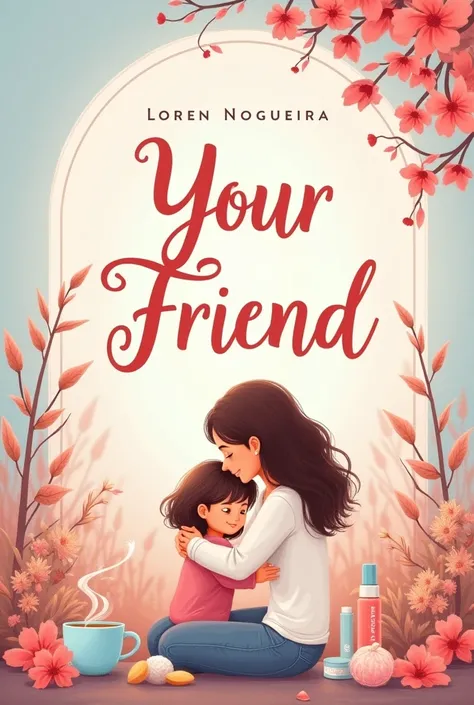 Create a book cover in Instagram story size with the title “your friend”, self-esteem. By Loren Nogueira”. Include elements that evoke beauty, health, motherhood, rotina e self-esteem. With rounded letters, soft colors and shine.