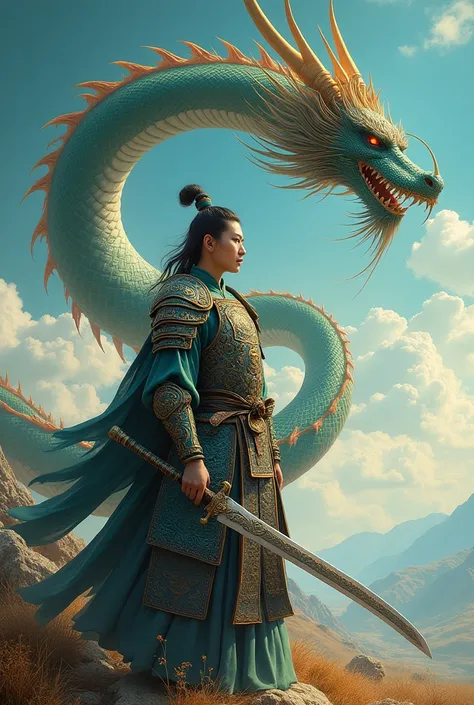 A Chinese Tang Dynasty warrior, clad in imposing armor.，His gaze is fixed on the horizon。The sword in his hand is drawn，The blade is exquisitely designed。Behind him，A majestic dragon circles in the sky，The dragon scales are vibrant and colorful，It exudes a...