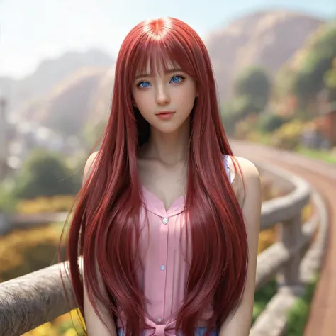 a girl with long pink hair and blue eyes wearing a shirt, long straight hair, realistic anime 3 d style, 8k high quality detailed art, anime styled 3d, deviantart artstation cgscosiety, 3 d anime realistic, kawaii realistic portrait, realistic hair, smooth...