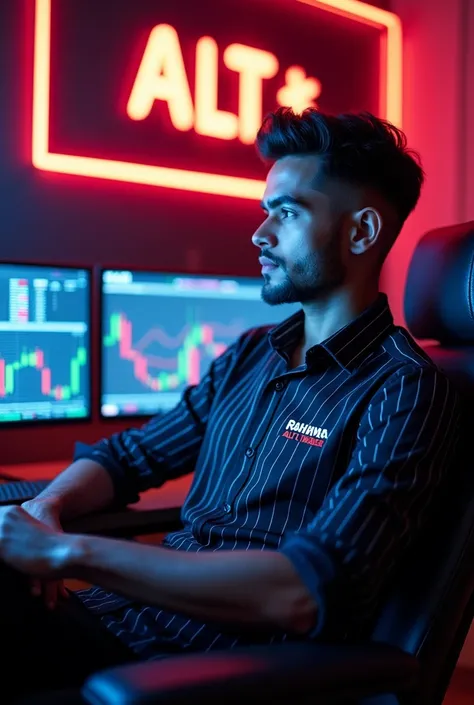 Crate a beautiful guy sit in chair and back side lcd screens and display show binary trading in his screen the boy shirt white and black pint and his shirt name is rahman ALT Trader back side in wall RAhman ALT trader neon logo 