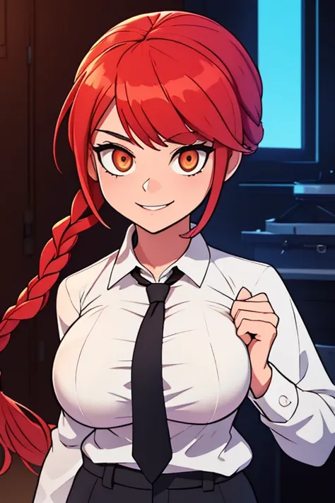 best quality, 1girl, white wet shirt, collared shirt, black necktie, black trousers, looking down, sensual, rotated, granny flat, evening, corneo_makima, makima (chainsaw man), (large breasts:1.4) , fingersmile:1.2, bored, ringed eyes, red hair, braided po...