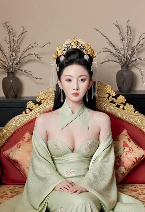 A lavish Empress from the Qing Dynasty era in China, seated on a large golden sofa, completely naked, with her large breasts and massive buttocks protruding as she faces away, her face visible.（Porn Pose） A gorgeous Chinese imperial empress with her hair t...