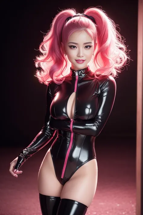 A beautiful, stylishly-dressed female idol with a glossy, transparent lipstick, happy smile, defined eyebrows, and long lashes, wearing a sheer, neon pink latex bodysuit, posing provocatively in a full body, lesbian-themed scene, with colorful hair, (best ...