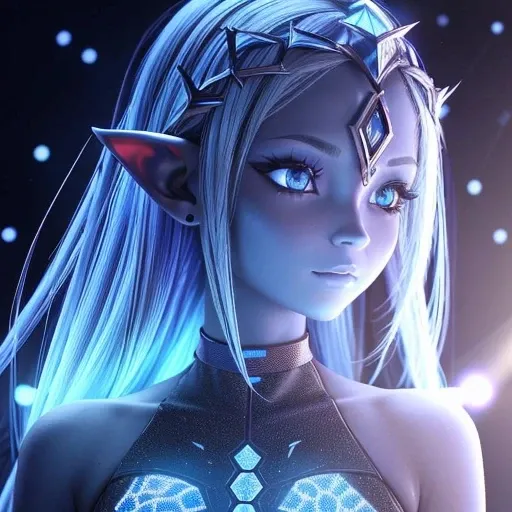 blue humanoid avatar with bioluminescent avatar markings dots and patterns on their skin. Pointed elf ears. avatar like hair, hair colour white, sparkling glowing orange, purple, pink eyes, slightly shimmery iridescent blue skin. female, warrior like, magi...