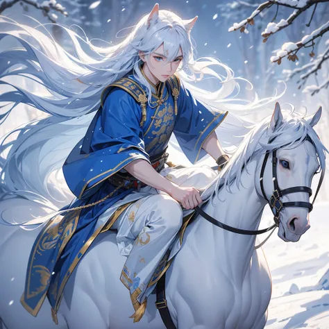 Handsome  male general holding a large sword in blue ancient Chinese general costume, Riding a white horse in the middle of a snowstorm, white snow is falling, The sun shines and the sun rises, close up, In the middle of a snowstorm, it is white, The trees...