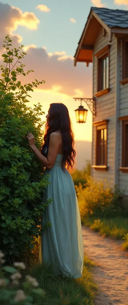 tree, a beautiful round face long hair indian looking women, scenery, outdoors, sky, cloud, building, sign, house, window, plant, cloudy sky, bush, sunset