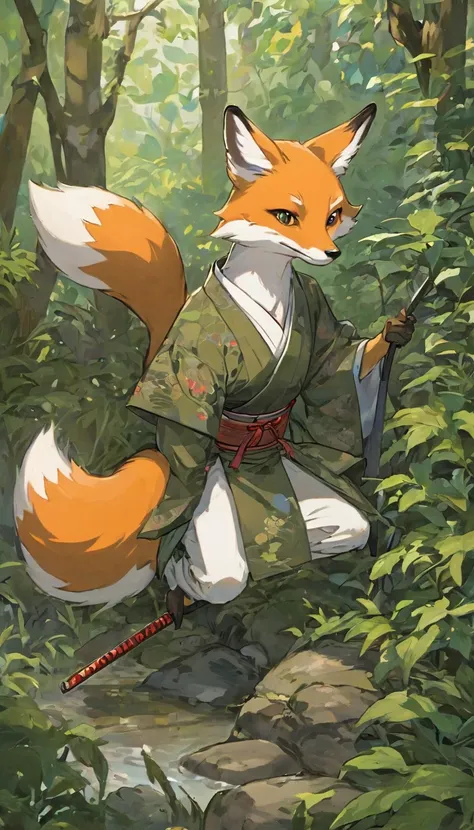 A sly fox blending into the underbrush, the samurai’s sharp eyes following its every move, a mix of nature’s beauty and the hunter’s skill, vibrant and dynamic scene.