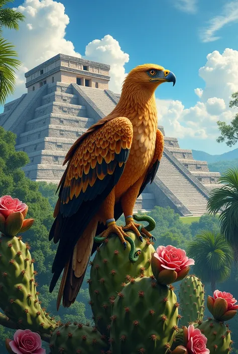 A golden eagle perched on a prickly pear cactus, with a snake in its beak, and a Mayan pyramid in the background. 