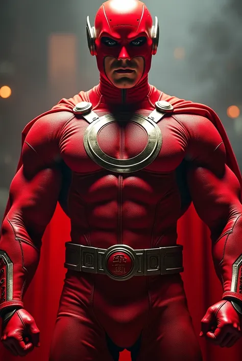 a man wearing a red superhero costume,. Red helmet highly detailed, dynamic pose, high quality, photorealistic, intricate costume design, musculature, strong lighting, cinematic angle, dramatic shadows, vibrant colors, comic book style. Circle logo on ches...