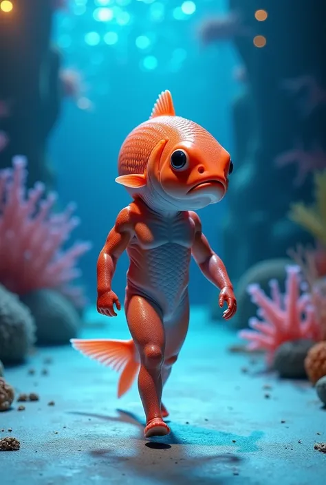 baby Salmon with funny giant head muscular in realistic full body fashion show