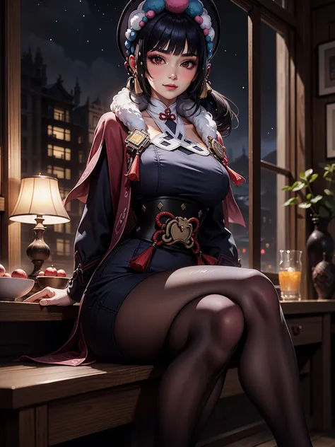 (yunjindef), (narrow waist), blushing, official art, detail face, cg,looking at viewer, (sitting),indoor, (expansive landscape p...