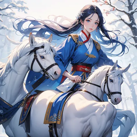 A beautiful female general holding a big spear in an ancient blue Chinese general costume, Riding a white horse in the middle of a snowstorm, white snow is falling, The sun shines and the sun rises, close up, The trees are covered in white snow, The snow i...