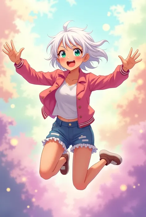 anime style, young adult woman, with the right eye blue and the left eye green, short white hair.
They are in a playful pose, lifting one leg as if they are jumping or dancing.
The character has their arms extended at their sides, with a happy and carefree...