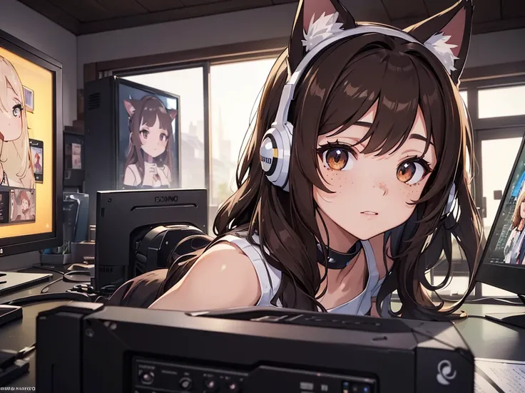 ((masterpiece,High resolution,8K quality,highest quality)), only 1 female,((highly detailed face)), delicate dark brown eyes, long dark brown curly hair, with freckles, wearing white gaming headphones that have cat ears, wearing a black dress, in front of ...