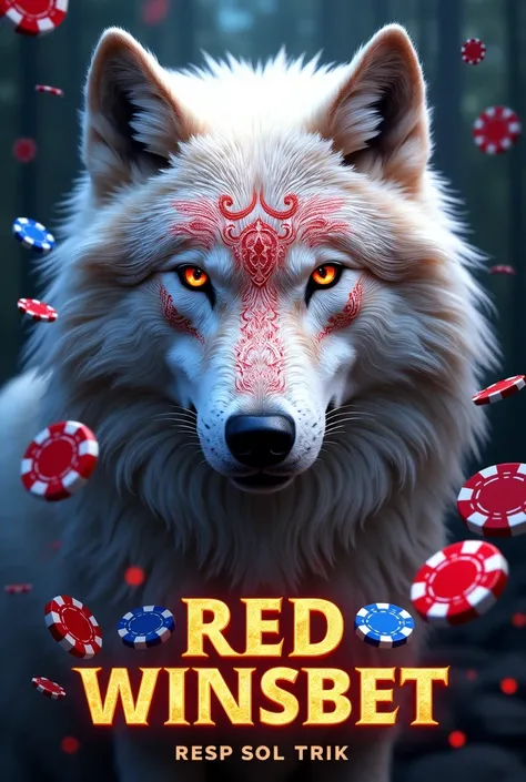 White 3D wolf with mandalas on the face in 3d that is only the face  , with casino chips flying in the air that have a 3D phrase as a sign standing in gold large letters "RED WINSBET" and down "RESP SOL TRIK"