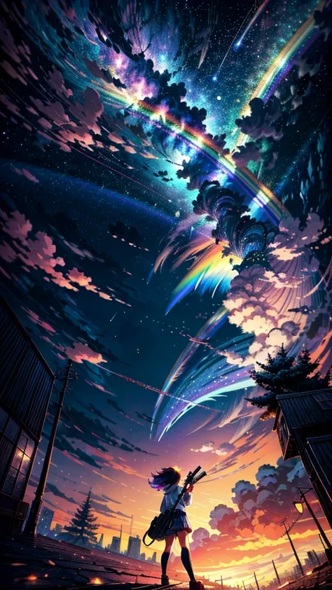 ((Rainbow Giant Shooting Star))、Anime girl looking at big city landscape,Near Future City、 makoto shinkai cyril rolando, anime art wallpaper 4k, anime art wallpaper 4k, Anime art wallpaper 8k, inspired by Cyril Rolando, in the style dan mumford artwork, am...